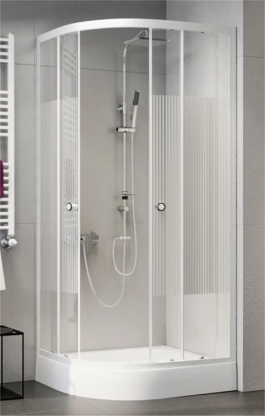 Sanimix íves Zuhanykabin tálcával, alacsony tálcás, hajszálcsíkos üveggel, fehér 90x90x200